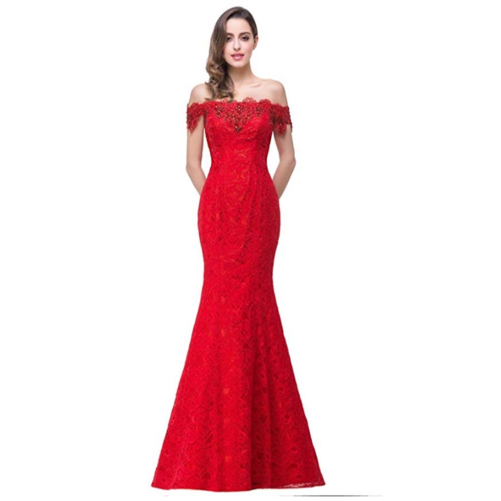 Beautiful Red Beaded Lace Mermaid Evening Gown